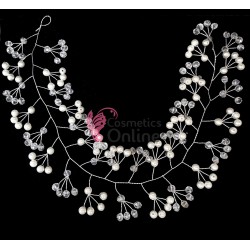 Accesoriu modern pentru decor par WED48 Argintii cu strasuri si perle Alb Crem de 35cm 